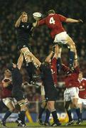 25 June 2005; Chris Jack, New Zealand, wins possession in the line-out against Paul O'Connell, British and Irish Lions. British and Irish Lions Tour to New Zealand 2005, 1st Test, New Zealand v British and Irish Lions, Jade Stadium, Christchurch, New Zealand. Picture credit; Brendan Moran / SPORTSFILE