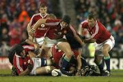 25 June 2005; Ben Kay, left, Ryan Jones, and Steve Thompson, British and Irish Lions, go after a loose ball. British and Irish Lions Tour to New Zealand 2005, 1st Test, New Zealand v British and Irish Lions, Jade Stadium, Christchurch, New Zealand. Picture credit; Brendan Moran / SPORTSFILE