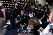 29 June 2005; New Zealand captain Tana Umaga answers questions from journalists about the tackle on Lions captain Brian O'Driscoll during the 1st test. New Zealand Media Day Press Conference, New Zealand Rugby Union Head Offices, Wellington, New Zealand. Picture credit; Brendan Moran / SPORTSFILE