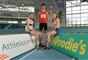 12 February 2014; Ciara Everard, UCD AC, John Travers, left, Donore Harriers AC, and Timmy Crowe, Dooneen AC, in attendance at the Woodie’s DIY National Senior Indoor Track and Field Championships launch 2014. Athlone Institute of Technology International Arena, Athlone, Co. Westmeath. Picture credit: David Maher / SPORTSFILE