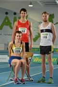 12 February 2014; Ciara Everard, UCD AC, John Travers, right, Donore Harriers AC, and Timmy Crowe, Dooneen AC, in attendance at the Woodie’s DIY National Senior Indoor Track and Field Championships launch 2014. Athlone Institute of Technology International Arena, Athlone, Co. Westmeath. Picture credit: David Maher / SPORTSFILE
