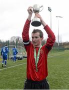 12 February 2014; IT Carlow 'C' captain Fintain White lifts the cup. UMBRO CUFL Second Division Final, Athlone IT 'B' v IT Carlow 'C', Athlone Institute of Technology Arena, Athlone, Co. Westmeath. Picture credit: Barry Cregg / SPORTSFILE