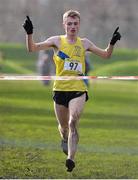 12 February 2014; Aaron O'Hanlon, St Mary's Drogheda, Co. Louth, crosses the finish line to win the Senior Boys race at the Aviva Leinster Schools Cross Country Championships. Santry Demesne, Santry, Co. Dublin. Picture credit: Ramsey Cardy / SPORTSFILE