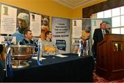 12 February 2014; At the launch of the 2014 Allianz Hurling Leagues in Belfast is Michael Carton, Dublin, left, and Neil McManus, Antrim, with Uachtarán Chumann Lúthchleas Gael Liam Ó Néill. Malone House, Barnett Demesne, Belfast, Co. Antrim. Picture credit: David Maher / SPORTSFILE