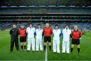 1 February 2014; Referee David Hughes with his umpires and officials before the game. Bord na Mona Walsh Cup Final, Dublin v Kilkenny, Croke Park, Dublin. Picture credit: Ray McManus / SPORTSFILE