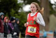 12 February 2014; Sarah Healy, Holy Child, Killiney, Co. Dublin, crosses the finish line in the Minor Girl's race during the Aviva Leinster Schools Cross Country Championships. Santry Demesne, Santry, Co. Dublin. Picture credit: Ramsey Cardy / SPORTSFILE