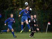 12 February 2014; Alan Hughes, Trinity College, in action against Jonathan Savage, IT Carlow 'B', before the match was abandoned due to high winds. UMBRO CUFL First Division Final, Trinity College v IT Carlow 'B', Leixlip United, Leixlip, Co. Kildare. Picture credit: Brendan Moran / SPORTSFILE