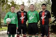 13 February 2014; Mr. Green, the award winning online casino, has today been officially unveiled as the new main sponsor of Bohemian FC for 2014. Pictured at the launch, from left, are Bohemian FC players Keith Buckley, Ryan McEvoy, Jason Byrne and Stephen Traynor. St. Stephen's Green, Dublin. Picture credit: Barry Cregg / SPORTSFILE