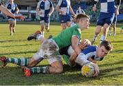 13 February 2014; Gary Fearon, St Andrew's College, scores a try despite the tackle of Nick Peters, Gonzaga College. Beauchamps Leinster Schools Senior Cup, Quarter-Final, St Andrew's College v Gonzaga College, Donnybrook Stadium, Donnybrook, Co. Dublin. Picture credit: Matt Browne / SPORTSFILE