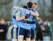 13 February 2014; University College Dublin's Paraic O'Harnan, left, Shane McEntee, centre, and Mark Hughes celebrate at the final whistle. Irish Daily Mail HE GAA Sigerson Cup 2014, Quarter-Final, University College Dublin v Dublin City University, UCD, Belfield, Dublin. Picture credit: Pat Murphy / SPORTSFILE