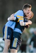 13 February 2014; University College Dublin players Rob McDaid and Eoghan Keogh, right, celebrate at the final whistle. Irish Daily Mail HE GAA Sigerson Cup 2014, Quarter-Final, University College Dublin v Dublin City University, UCD, Belfield, Dublin. Picture credit: Pat Murphy / SPORTSFILE