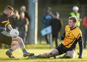 13 February 2014; Conor McGraynor, Dublin City University, scores a goal for his side despite the attentions of Eoghan Keogh, Dublin City University. Irish Daily Mail HE GAA Sigerson Cup 2014, Quarter-Final, University College Dublin v Dublin City University, UCD, Belfield, Dublin. Picture credit: Pat Murphy / SPORTSFILE