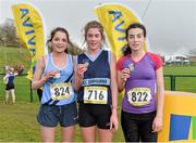 13 February 2014; First place Caoimhe Harvey, St. Joseph's, Kilkee, Co. Clare, left, second place Fiona Everard, Maria Immaculata CC, Dunmanway, Co. Cork, centre, and Aisling Kelly, St. Joseph's, Spanish Point, Co. Clare, right, with their medals after the Interemediate Girls 3000m race at the Aviva Munster Schools Cross Country Championships.  Cork Institute of Technology, Bishopstown, Cork. Picture credit: Diarmuid Greene / SPORTSFILE