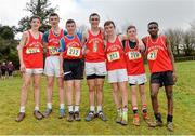 13 February 2014; Members of the Midleton CBS, Cork, team, from left to right, Gerard Millerick, Adrian Leahy, Evan O'Meara, Donal Griffin, Daragh Moran, Dan Sheehan and Osman Latumba after competing in the Junior Boys 3500m race at the Aviva Munster Schools Cross Country Championships.  Cork Institute of Technology, Bishopstown, Cork. Picture credit: Diarmuid Greene / SPORTSFILE
