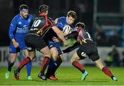 14 February 2014; Brendan Macken, Leinster, is tackled by Jason Tovey and Will Harries, right, Newport Gwent Dragons. Celtic League 2013/14 Round 14, Leinster v Newport Gwent Dragons, RDS, Ballsbridge, Dublin. Picture credit: Ramsey Cardy / SPORTSFILE