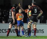 14 February 2014; Nathan Buck, left, Newport Gwent Dragons, is sent to the sin-bin by referee Marius Mitrea. Celtic League 2013/14 Round 14, Leinster v Newport Gwent Dragons, RDS, Ballsbridge, Dublin. Picture credit: Piaras Ó Mídheach / SPORTSFILE