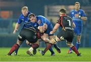 14 February 2014; Rhys Ruddock, Leinster, is tackled by Owen Evans, Newport Gwent Dragons. Celtic League 2013/14 Round 14, Leinster v Newport Gwent Dragons, RDS, Ballsbridge, Dublin. Picture credit: Ramsey Cardy / SPORTSFILE