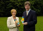 28 June 2005; The FAI today announced that it has concluded a 2 million euro commercial contract after successfully negotiating a new sponsorship agreemeent with Lucozade Sport, covering the period up to the World Cup in 2010. At the announcement are Jocelyn Emerson, Marketing Director, Lucozade Sport, and John Delaney, FAI Chief Executive Officer. Berkley Court Hotel, Dublin. Picture Credit; Ray McManus / SPORTSFILE