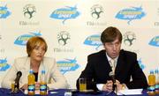28 June 2005; The FAI today announced that it has concluded a 2 million euro commercial contract after successfully negotiating a new sponsorship agreemeent with Lucozade Sport, covering the period up to the World Cup in 2010. At the announcement are Jocelyn Emerson, Marketing Director, Lucozade Sport, and John Delaney, FAI Chief Executive Officer. Berkley Court Hotel, Dublin. Picture Credit; Damien Eagers / SPORTSFILE
