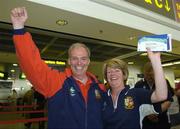 29 June 2005; Jeff Smith, Chairman of the Irish Rugby Football Union's Charitable Trust for injured players, with Elanor Connolly prior to their departure for New Zealand in support of the Lions team and at the same time raise funds on a sponsored walk in aid of the Irish Rugby Football Union's Charitable Trust for injured players. Dublin Airport, Dublin. Picture credit; Pat Murphy / SPORTSFILE