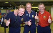 29 June 2005; British and Irish Lions fans, from left, Frank Shortt, Aidan Bane and Enda MacGowan, prior to their departure for New Zealand in support of the Lions team and at the same time raise funds on a sponsored walk in aid of the Irish Rugby Football Union's Charitable Trust for injured players. Dublin Airport, Dublin. Picture credit; Pat Murphy / SPORTSFILE
