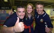 29 June 2005; British and Irish Lions fans, from left, Shane Curtis, Maria Jordan and Bryan Casburn prior to their departure for New Zealand in support of the Lions team and at the same time raise funds on a sponsored walk in aid of the Irish Rugby Football Union's Charitable Trust for injured players. Dublin Airport, Dublin. Picture credit; Pat Murphy / SPORTSFILE
