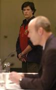 29 June 2005; British and Irish Lions media manager Louisa Cheetham overlooks head coach Sir Clive Woodward at a press conference. British and Irish Lions Media Day Press Conference, James Cook Grand Chancllor Hotel, Wellington, New Zealand. Picture credit; Brendan Moran / SPORTSFILE