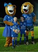 14 February 2014; Leinster mascots Conor Moloney, aged 8, from Blackrock, left, and Tom Flood, aged 10, from Wicklow RFC, with Leona the Lioness and Leo the Lion ahead of the game. Celtic League 2013/14 Round 14, Leinster v Newport Gwent Dragons. RDS, Ballsbridge, Dublin. Picture credit: Pat Murphy / SPORTSFILE