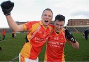 15 February 2014; Tom King, left, and Cian Costello, Castlebar Mitchels, celebrate after the game. AIB GAA Football All-Ireland Senior Club Championship, Semi-Final, Castlebar Mitchels, Mayo v Dr. Crokes, Kerry. O'Moore Park, Portlaoise, Co. Laois. Photo by Sportsfile