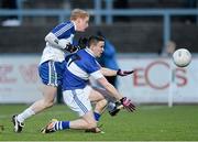 15 February 2014; Colin Devlin, Ballinderry, has his goal bound shot blocked by Brendan Egan, St Vincent's. AIB GAA Football All-Ireland Senior Club Championship, Semi-Final, St Vincent's, Dublin v Ballinderry, Derry. Páirc Esler, Newry, Co. Down. Picture credit: Oliver McVeigh / SPORTSFILE