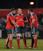 15 February 2014; The Munster front row of Duncan Casey, left, BJ Botha, centre, and James Cronin in conversation during a break in play. Celtic League 2013/14, Round 14, Munster v Zebre, Musgrave Park, Cork. Picture credit: Diarmuid Greene / SPORTSFILE