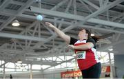 15 February 2014; Paula Smith, Bailieboro A.C., Co. Cavan, competes in the Women's Shot Putt event. Woodie’s DIY National Senior Indoor Track and Field Championships, Athlone Institute of Technology International Arena, Athlone, Co. Westmeath. Picture credit: Stephen McCarthy / SPORTSFILE