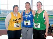 15 February 2014; Winner of the Women's Shot Putt event Clare Fitzgerald, Tralee Harriers A.C., Co. Kerry, centre, with second place Niamh Murphy, Blarney/Inniscara A.C., Co. Cork, right, and third place Laura McSweeney, Bandon A.C., Co. Cork, left. Woodie’s DIY National Senior Indoor Track and Field Championships, Athlone Institute of Technology International Arena, Athlone, Co. Westmeath. Picture credit: Stephen McCarthy / SPORTSFILE
