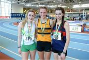 15 February 2014; Winner of the Women's 3km Walk event Lauren Whelan, Leevale A.C., Cork, centre, second place Sinéad Burke, St. Coca's A.C., Kildare, left, and third place Alicia Boylan, Oriel A.C., Monaghan, right. Woodie’s DIY National Senior Indoor Track and Field Championships, Athlone Institute of Technology International Arena, Athlone, Co. Westmeath. Picture credit: Stephen McCarthy / SPORTSFILE