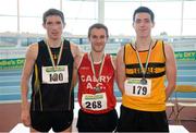 15 February 2014; Winner of the Men's 5km Walk event Alex Wright, Calry A.C., Sligo, centre, second place Luke Hickey, Leevale A.C., Cork, right, and third place Brendan Boyce, Letterkenny A.C., Donegal, left. Woodie’s DIY National Senior Indoor Track and Field Championships, Athlone Institute of Technology International Arena, Athlone, Co. Westmeath. Picture credit: Stephen McCarthy / SPORTSFILE