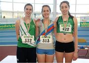 15 February 2014; Winner of the Women's High Jump event Gráinne Moggan, Dundrum South Dublin A.C., centre, with second place Sorcha Murphy, Ferrybank A.C., Waterford, right, and third place Shannen Dawkins, St. Josephs A.C., Kilkenny, left. Woodie’s DIY National Senior Indoor Track and Field Championships, Athlone Institute of Technology International Arena, Athlone, Co. Westmeath. Picture credit: Stephen McCarthy / SPORTSFILE