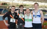 15 February 2014; Winner of the Men's Pole Vault event Ian Rogers, Clonliffe Harriers A.C., Dublin, second from left, second place David Donegan, Clonliffe Harriers A.C., Dublin, left, and joint third place Stuart Greene, Raheny Shamrock A.C., Dublin, and Thomas Houlihan, West Waterford A.C., right. Woodie’s DIY National Senior Indoor Track and Field Championships, Athlone Institute of Technology International Arena, Athlone, Co. Westmeath. Picture credit: Stephen McCarthy / SPORTSFILE