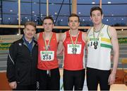 15 February 2014; Ciaran O Cathain, President of Athletics Ireland, with winner of the Men's Triple Jump event Anthony Daffurn, St. Ronans A.C., Roscommon, centre, second place Eoin Kely, St. Abbans A.C., Laois, right, and third place Conall Mahon, Tír Chonaill A.C., Donegal, left. Woodie’s DIY National Senior Indoor Track and Field Championships, Athlone Institute of Technology International Arena, Athlone, Co. Westmeath. Picture credit: Stephen McCarthy / SPORTSFILE