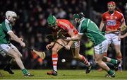 15 February 2014; Aidan Walsh, Cork, in action against Tom Condon, left, and Stephen Walsh, Limerick. Allianz Hurling League, Division 1B, Round 1, Cork v Limerick, Páirc Uí Rinn, Cork. Picture credit: Matt Browne / SPORTSFILE