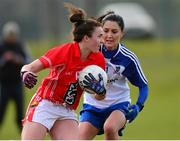 16 February 2014; Shauna Kelly, Cork, in action against Theresa McNally, Monaghan. Tesco Ladies National Football League, Round 3, Cork v Monaghan, Mallow GAA Grounds, Mallow, Co. Cork. Picture credit: Matt Browne / SPORTSFILE