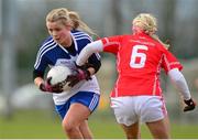 16 February 2014; Caoimhe Mohan, Monaghan, in action against Brid Stack, Cork. Tesco Ladies National Football League, Round 3, Cork v Monaghan, Mallow GAA Grounds, Mallow, Co. Cork. Picture credit: Matt Browne / SPORTSFILE