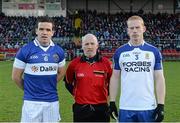 15 February 2014; St Vincent's captain Ger Brennan with Referee Marty Duffy and Ballinderry captain Conor Nevin before the game. AIB GAA Football All-Ireland Senior Club Championship, Semi-Final, St Vincent's, Dublin v Ballinderry, Derry. Páirc Esler, Newry, Co. Down. Picture credit: Oliver McVeigh / SPORTSFILE