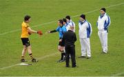 16 February 2014; Ulster captain Seán Cavanagh shakes hands with referee Eamon O'Grady before the game. Leinster. M Donnelly Interprovincial Football Championship, Semi-Final, Leinster v Ulster, Páirc Táilteann, Navan, Co. Meath. Picture credit: Piaras Ó Mídheach / SPORTSFILE