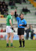 16 February 2014; Kevin Reilly, Leinster, is shown the black card by referee Eamon O'Grady after a foul on Michael Murphy, Ulster. M Donnelly Interprovincial Football Championship, Semi-Final, Leinster v Ulster, Páirc Táilteann, Navan, Co. Meath. Picture credit: Piaras Ó Mídheach / SPORTSFILE