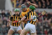 16 February 2014; Brendan Bugler, Clare, in action against Henry Shefflin, right, and Mark Kelly, Kilkenny. Allianz Hurling League, Division 1A, Round 1, Clare v Kilkenny, Cusack Park, Ennis, Co. Clare. Picture credit: Diarmuid Greene / SPORTSFILE