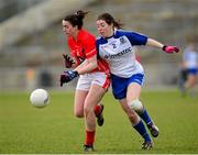 16 February 2014; Shauna Kelly, Cork, in action against Yvonne Connell, Monaghan. Tesco Ladies National Football League, Round 3, Cork v Monaghan, Mallow GAA Grounds, Mallow, Co. Cork. Picture credit: Matt Browne / SPORTSFILE