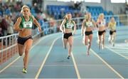 16 February 2014; Kelly Proper, Ferrybank AC, on her way to winning the Women's 200m. Woodie’s DIY National Senior Indoor Track and Field Championships, Athlone Institute of Technology International Arena, Athlone, Co. Westmeath. Picture credit: Brendan Moran / SPORTSFILE