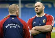4 July 2005; British and Irish Lions' John Hayes in conversation with team-mate and fellow prop Graham Rowntree, left. British and Irish Lions Captain's Run, Eden Park Auckland, New Zealand. Picture credit; Brendan Moran / SPORTSFILE