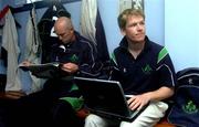 5 July 2005; Ireland's Jeremy Bray, right, and Eoin Morgan wait in the dressing room for the rain to stop. ICC Trophy, Group A, Ireland v USA, Warringstown, Co. Down. Picture credit; Damien Eagers / SPORTSFILE