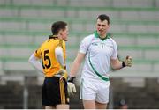16 February 2014; Conor McManus, Ulster, left, and Paddy O'Rourke, Leinster, in conversation during the game. M Donnelly Interprovincial Football Championship, Semi-Final, Leinster v Ulster, Páirc Táilteann, Navan, Co. Meath. Picture credit: Piaras Ó Mídheach / SPORTSFILE